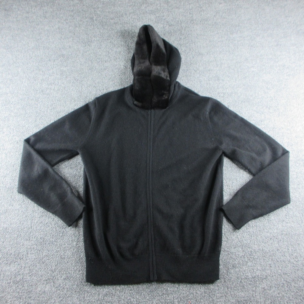 Neiman Marcus Sweater Womens S Black 100% Cashmere‎ Full Zip Hood Fur Trim